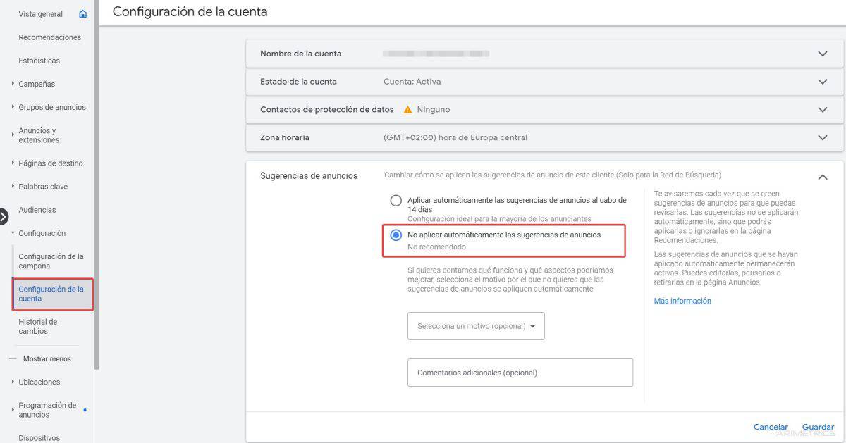 Disable Ad Suggestions in Google Ads