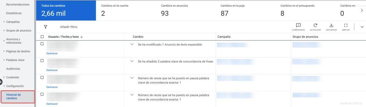 historial cambios google.ads
