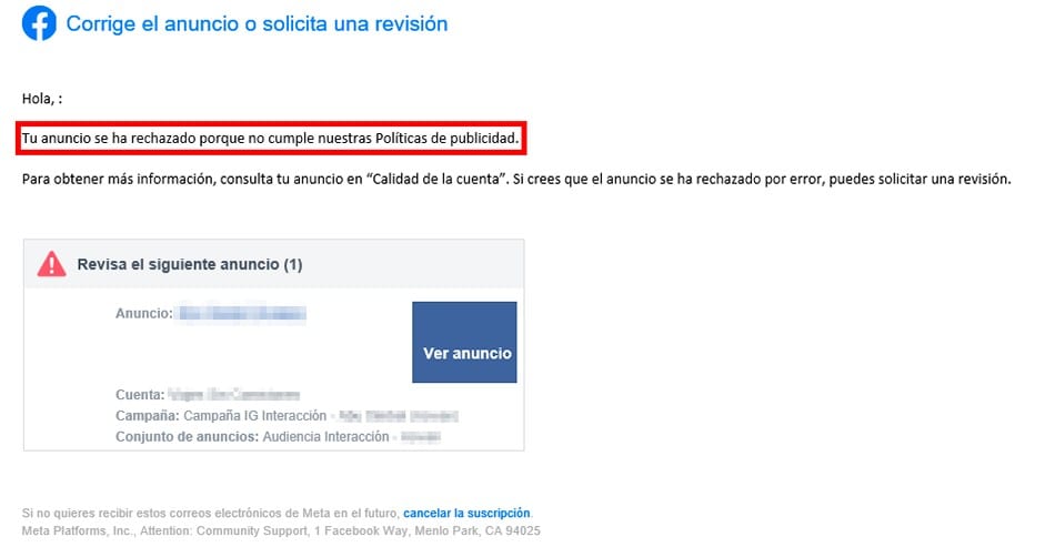 anuncio rechazado en Facebook Ads anuncio rechazado en facebook ads