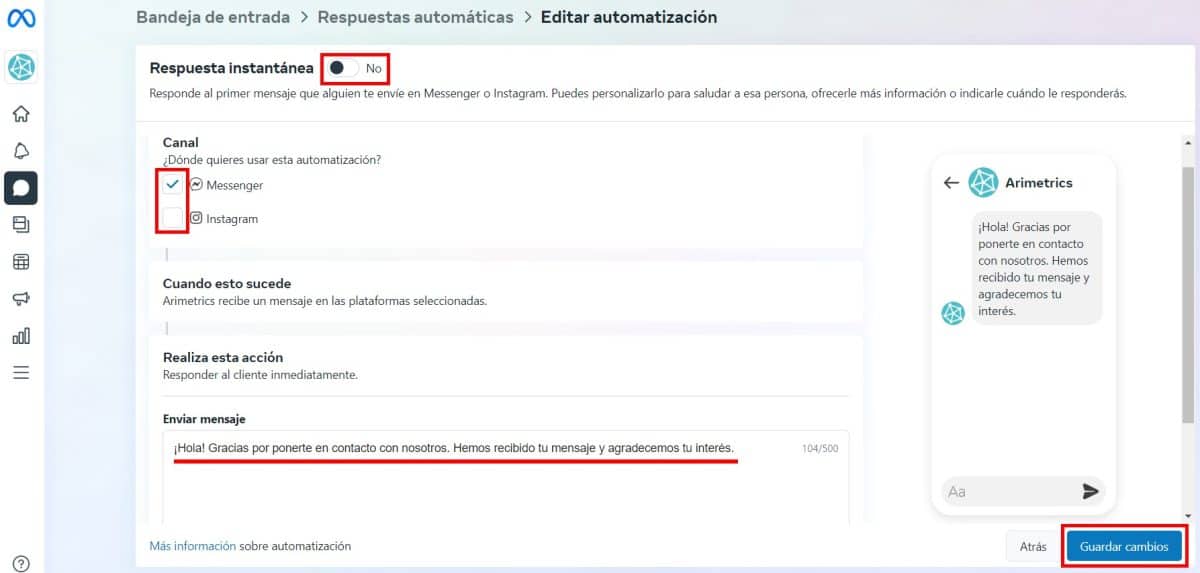 como configurar respuestas automaticas en meta 4