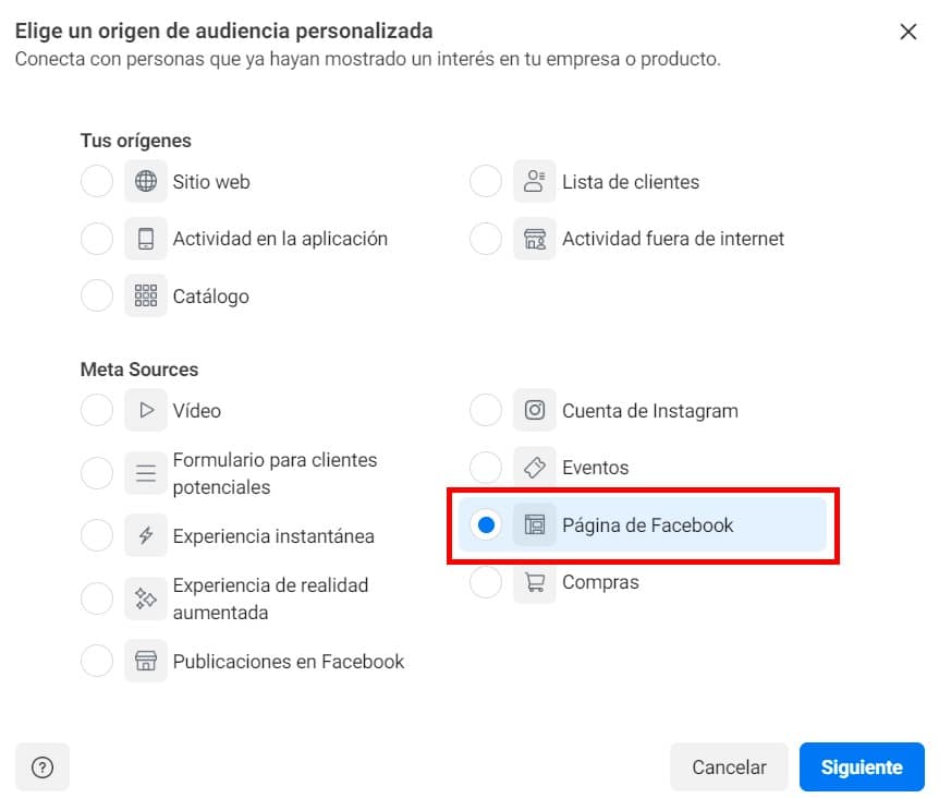crear audiencias personalizadas con una página de Facebook