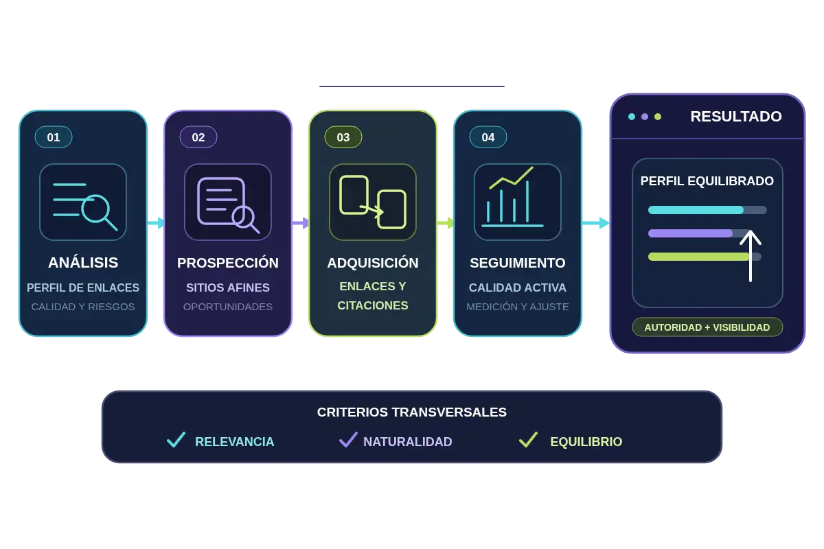 Proceso profesional de análisis, prospección, adquisición y seguimiento para construir un perfil equilibrado de enlaces y citaciones