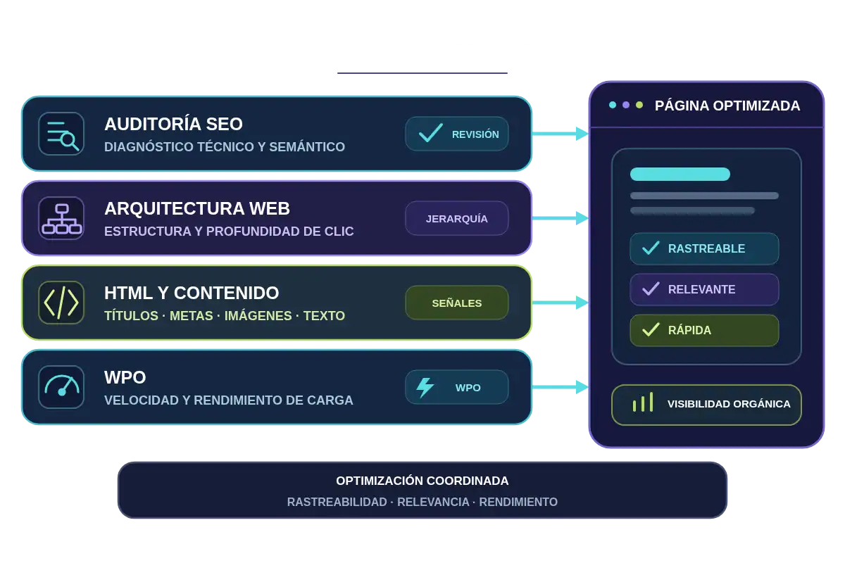 Sistema de SEO on-page que integra auditoría, arquitectura web, HTML, contenidos y WPO para mejorar la visibilidad orgánica