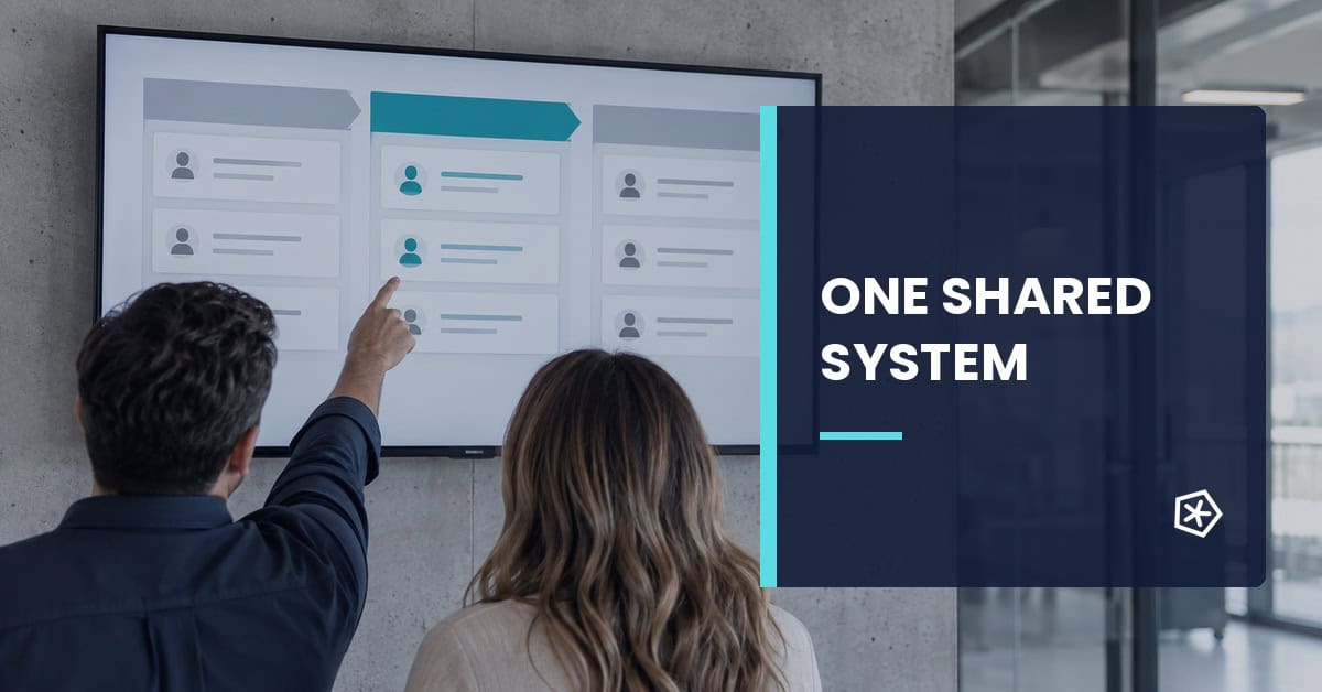 Two professionals review a shared sales workflow on a wall display