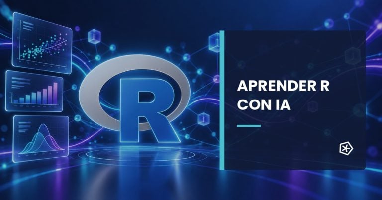 Logotipo de R entre gráficos y conexiones de datos neón, con el texto «Aprender R con IA».