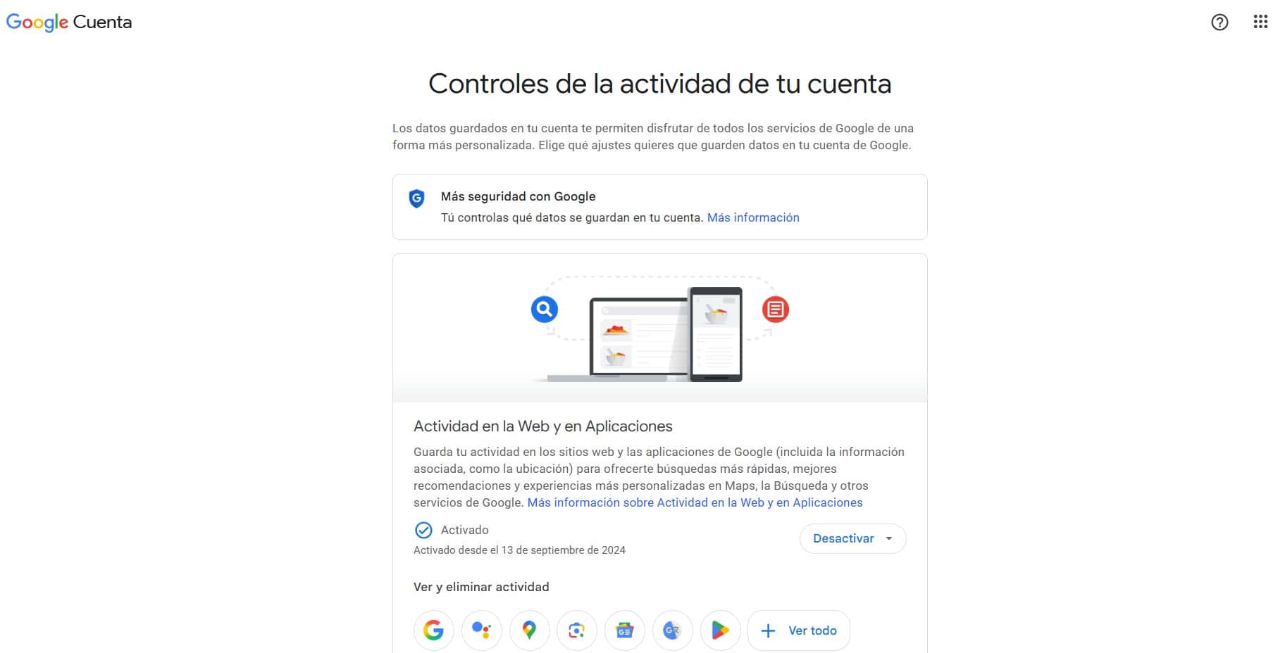Controles de actividad de la cuenta de Google con la opción Desactivar