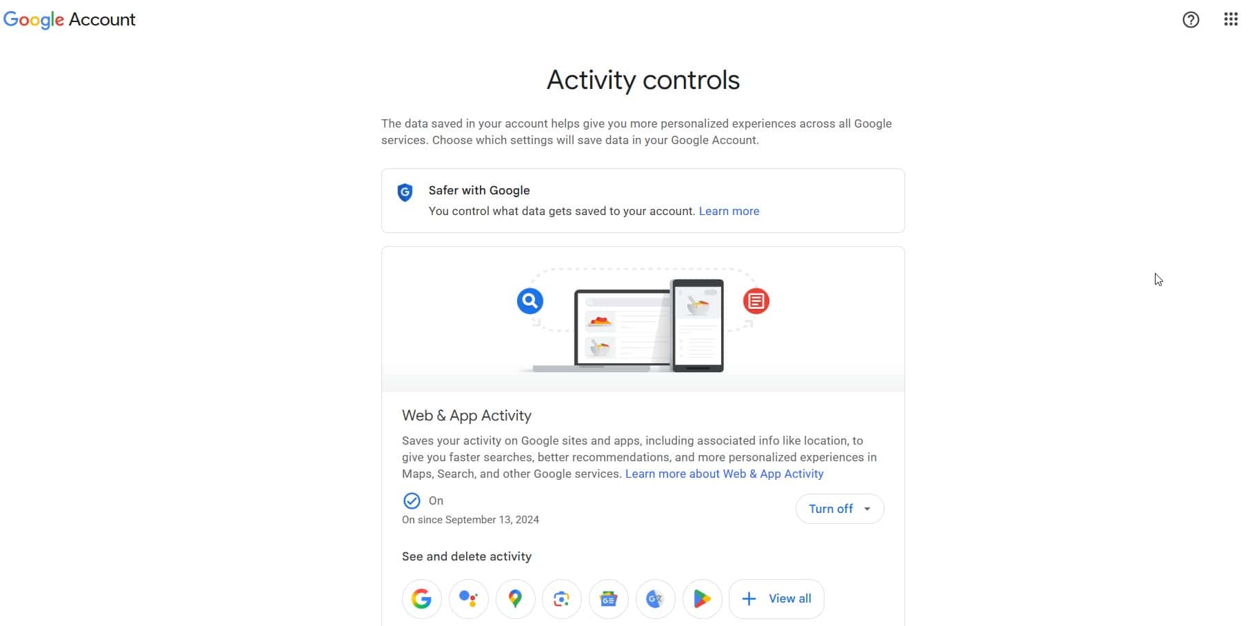 Google Account activity controls showing Web & App Activity and the Turn off option