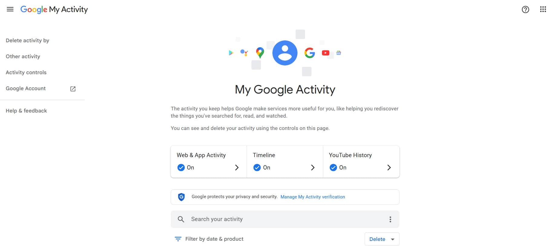 Google My Activity panel with activity controls and history search