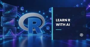R programming logo with data visualisations and the text Learn R with AI