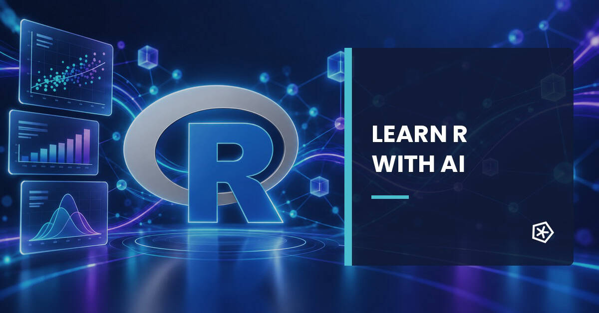 R programming logo with data visualisations and the text Learn R with AI