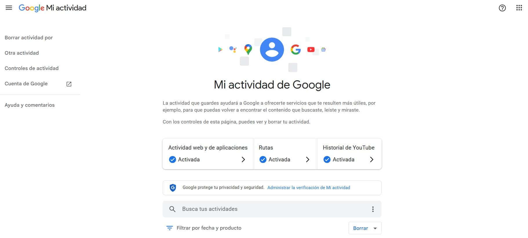 Panel de Mi Actividad de Google con controles de actividad y búsqueda del historial