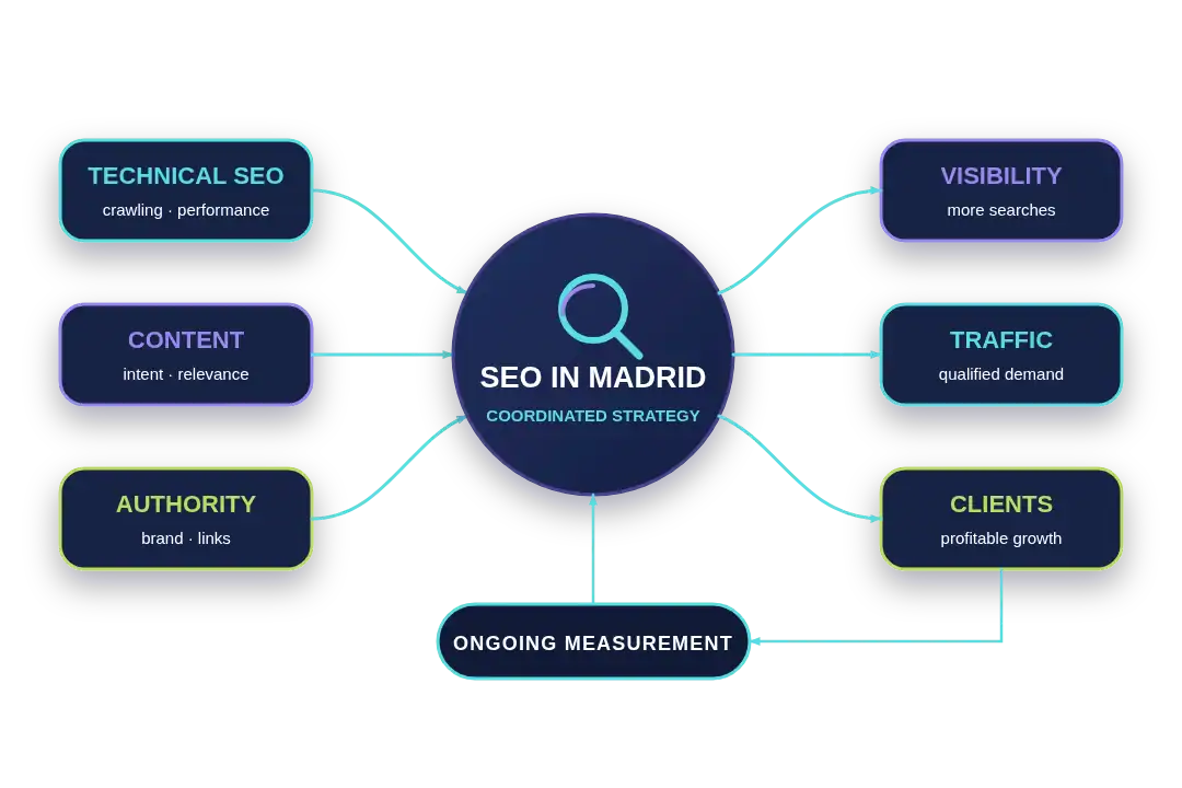 Technical SEO, content and authority generating visibility, qualified traffic and clients in Madrid.