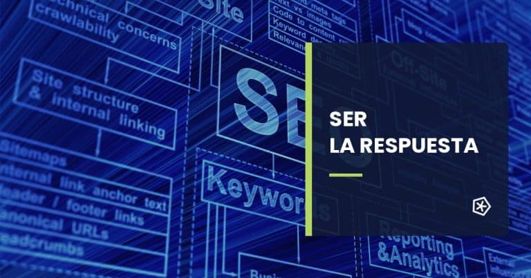 Esquema de SEO con palabras clave, enlaces internos y analítica, con el texto «Ser la respuesta».