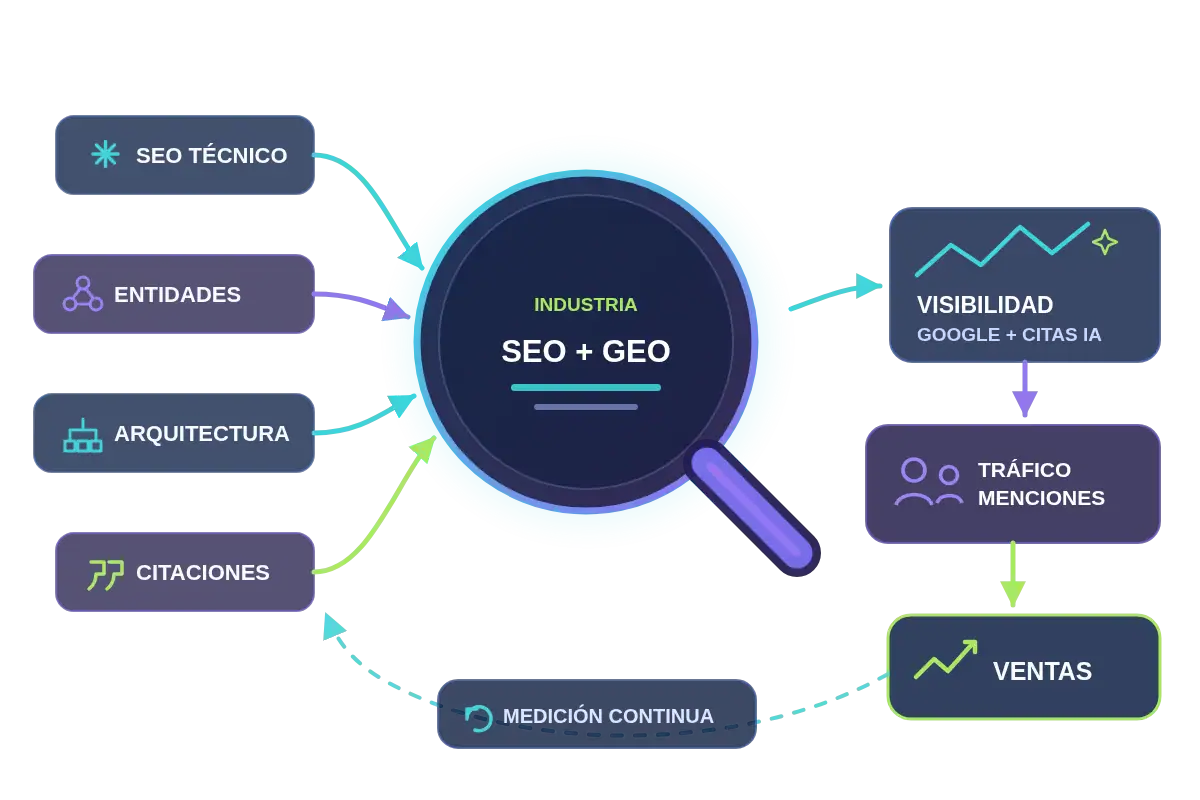 Diagrama SEO y GEO para Industria con SEO técnico, entidades, arquitectura y citaciones hacia visibilidad en Google e IA, tráfico, menciones y ventas