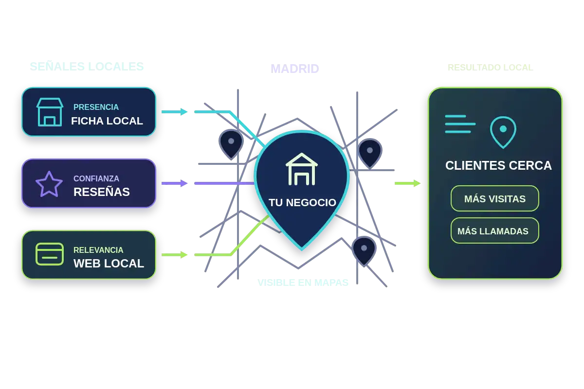 SEO local en Madrid: ficha de negocio, reseñas y web conectadas con la visibilidad en mapas y clientes cercanos