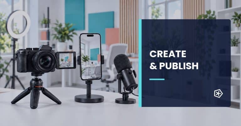 Camera, smartphone and microphone in a bright content creation studio